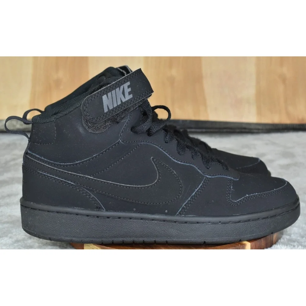 Nike Court Borough Mid 2 GS Kids Shoes Size 6.5Y Triple Black Suede Sneakers
